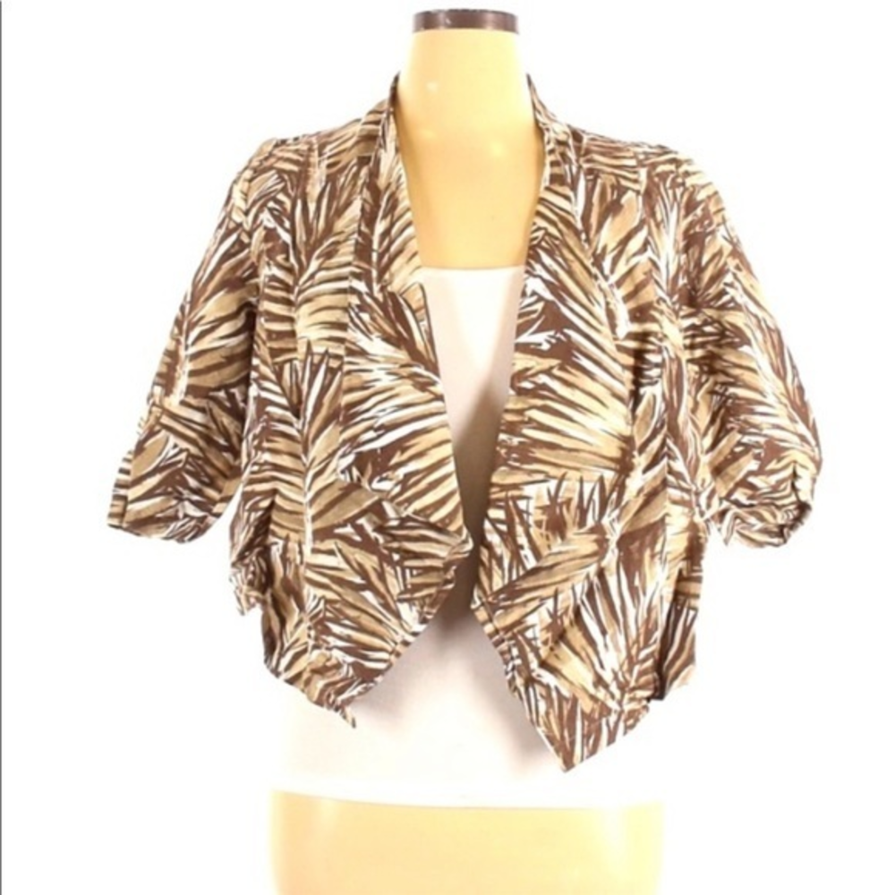 CJ Banks 0X brown/white tropical linen blend open crop short sleeve jacket‎